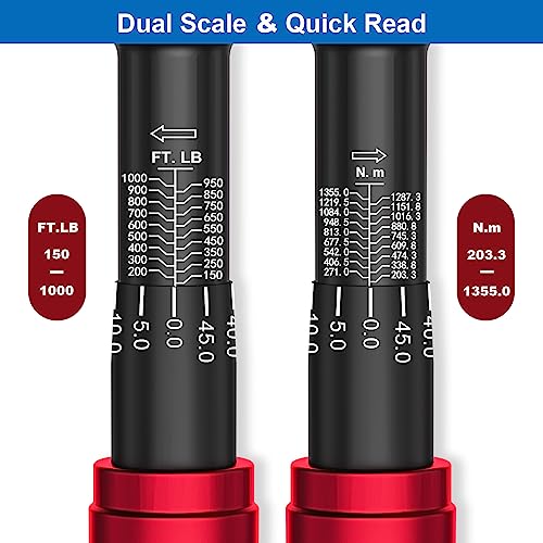 SUERCUP 3/4-inch Drive Click Torque Wrench,150-1000ft.lb/203.3-1355Nm | ±3% Accuracy, Heavy Duty Torque Wrench, Professional, Dual Direction, 48-Tooth, for Wind Turbines, Dockyards, Truck Repair - size: 3/4" 150-1000Ft.Lb/203.3-1355N.m