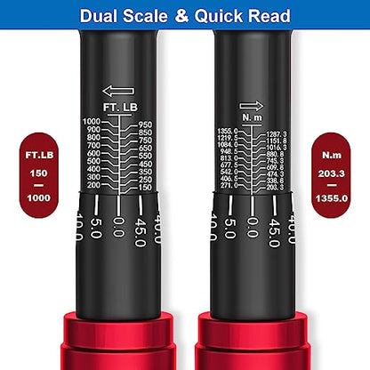 SUERCUP 3/4-inch Drive Click Torque Wrench,150-1000ft.lb/203.3-1355Nm | ±3% Accuracy, Heavy Duty Torque Wrench, Professional, Dual Direction, 48-Tooth, for Wind Turbines, Dockyards, Truck Repair - size: 3/4" 150-1000Ft.Lb/203.3-1355N.m