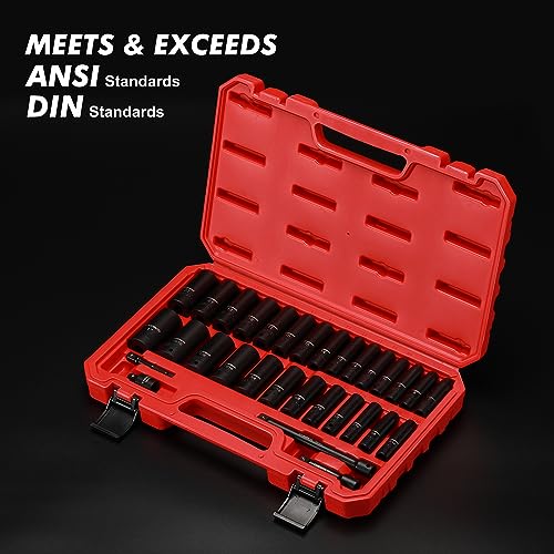 CASOMAN 3/8-Inch Deep Impact Socket Set, Metric & SAE, 31Piece Socket Set, CR-V, Includes Extension Bar (3, 6-inch) & Adapters, Heavy Duty Storage Case - size: 3/8"Drive 31pcs Impact Socket Set