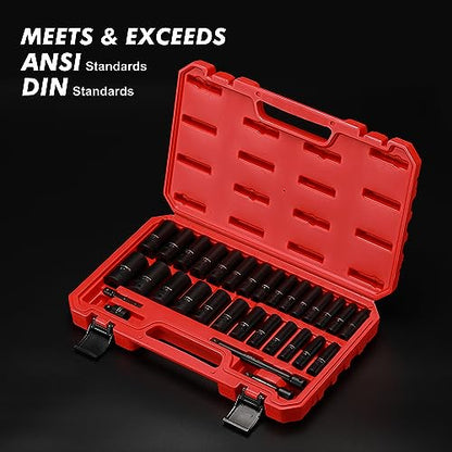 CASOMAN 3/8-Inch Deep Impact Socket Set, Metric & SAE, 31Piece Socket Set, CR-V, Includes Extension Bar (3, 6-inch) & Adapters, Heavy Duty Storage Case - size: 3/8"Drive 31pcs Impact Socket Set