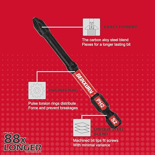 Geinxurn Impact Tough #2 Phillips 3 in. D2 Steel Long Extension Insert Driver Bits,30Pack 1/4 Inch Hex Shank Long Cross Magnetic PH2 Screwdriver Bits Set - size: 3"-D2PH2-30PCS