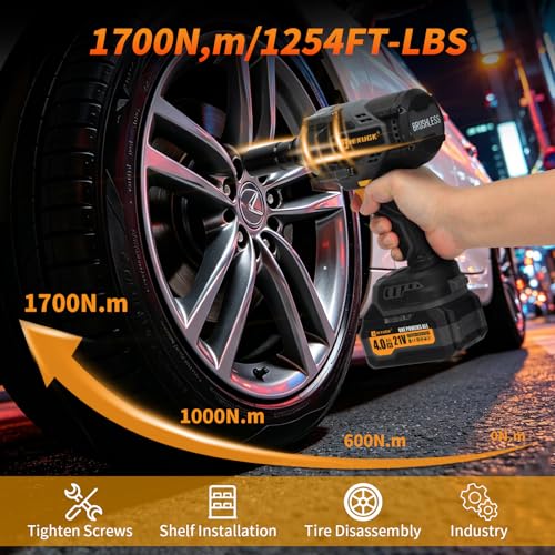 JEXUGK 1700Nm Impact Wrench, Cordless 1/2" Impact Gun with 2 x 4.0Ah Battery, Brushless High Torque Electric Impact Driver with 6 Socket & Extension Rod, Taladro De Impacto for Home Car Truck Tire Lug