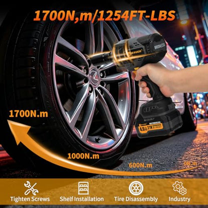 JEXUGK 1700Nm Impact Wrench, Cordless 1/2" Impact Gun with 2 x 4.0Ah Battery, Brushless High Torque Electric Impact Driver with 6 Socket & Extension Rod, Taladro De Impacto for Home Car Truck Tire Lug