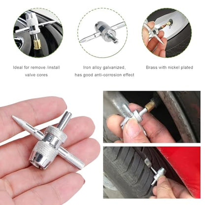 4-Way Valve Core Tool Tire Valve Tools, 4-in-1 Automobile Tire Valve Stem Core Remover Installer, Multifunctional Tyre Valves Repair Wrench Removal Tool for Car Bicycle Bike