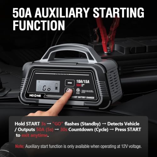 NOONE 10A/15A Smart Battery Charger - 6V/12V Fully Automatic Maintainer | with 50A Engine Start, Auto Repair & Desulfation with Overheat Protection - Compatible with Lead-Acid, AGM, LiFePO4 Batteries