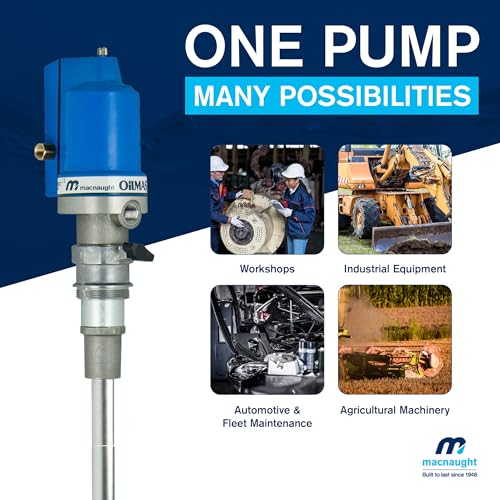 Macnaught Ratio 5:1 Air Operated Pneumatic Oil Transfer Pump. Engine and gear oils up to SAE140, auto trans, hydraulic fluid and anti-freeze/anti-boil (NOT for Gasoline or Diesel)