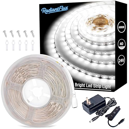 RadiantFlux 40ft 600Leds Super Bright White LED Strip Lights | 12V to 24V Upgraded, Cuttable LED Tape Lights, Flexible Dimmable, For Bedroom Living Room Kitchen Vanity Mirror - color: Daylight White, size: 40FT