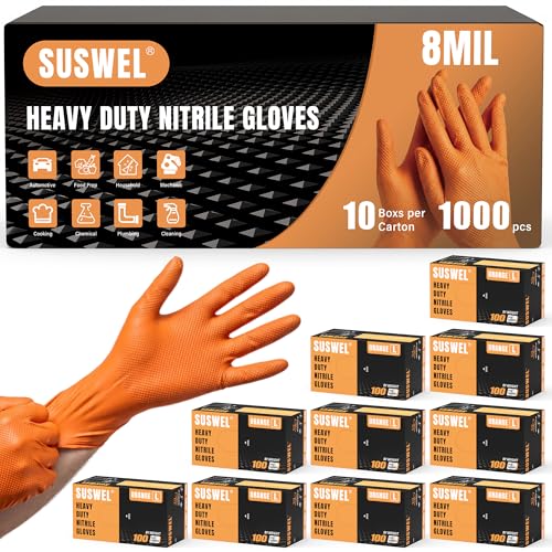 HEAVY DUTY 8 Mil Orange Nitrile Gloves, Diamond Textured Disposable Industrial Mechanic Rubber Gloves 1000PCs - size: Large
