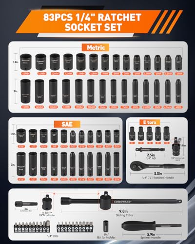 COMOWARE 83pcs 1/4” Drive Socket Set, Father day Gift, 5/32”-9/16” SAE, 4-15mm Metric, CR-V Mechanic Tool Set, 72T Ratchet Wrench, Socket Wrench Sets with Adapter, Ratchet Sets for Auto Repairing - size: 83 PCS