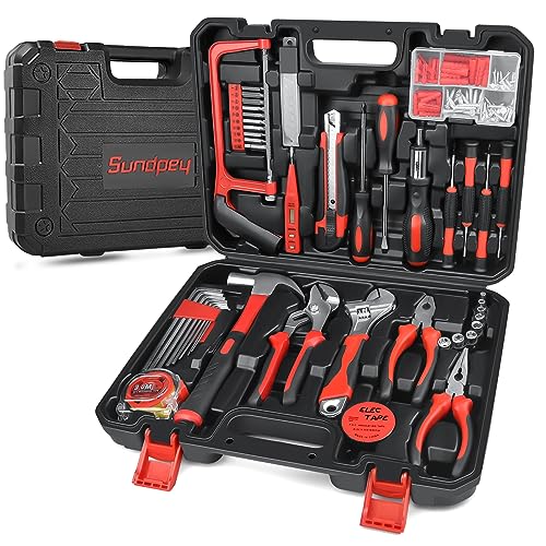 Sundpey Home Tool Kit 148-Pcs - Household Basic portable Hand Repair Tool Set with Case & Ratcheting Screwdriver & Hex Key & Pliers & Wrench & Voltage Tester & Water Pump Plier for Men Women - color: Red