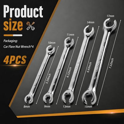 4PCS Double-ended Flare Nut Wrench Set,Offset Car Brake Line Wrench Set | with 8mm/10mm/9mm/11mm/13mm/14mm/15mm/17mm,Metric Car Flare Wrenches Sets Automotive Tools