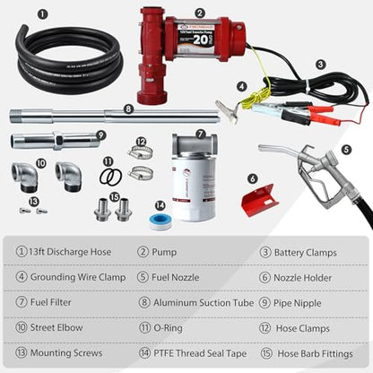 FMCNMech Fuel Transfer Pump, 12V DC 20 GPM High-Flow Diesel Pump with Manual Nozzle and 13 ft Hose, Heavy-Duty Fuel Transfer Pump for Gasoline, Diesel & Kerosene - color: 20 GPM Gas & Diesel Pump