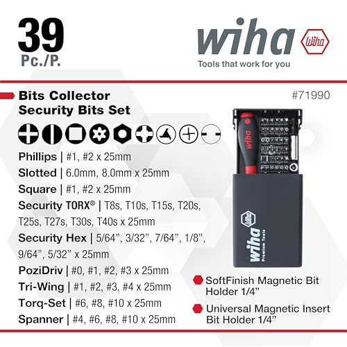 Wiha 71990 Security Bit Set, 39 Piece | Tamper Resistant Torx, Hex, Spanner and Tri-Wing, Storage Case