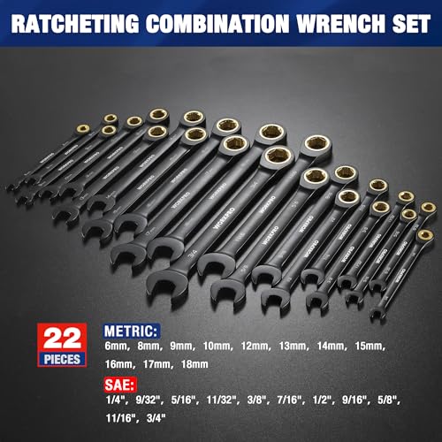 WORKPRO 22-Piece Ratcheting Wrench Set, Anti-slip Teeth, Ratchet Combination Wrench Sets with Organizer Box, Metric 6-18mm & SAE 1/4-3/4", Black Electrophoretic Coating - style: Regular