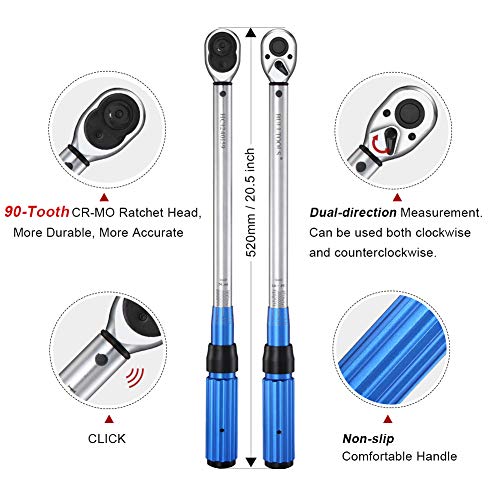 BULLTOOLS 1/2-inch Drive Click Torque Wrench Set Dual-Direction Adjustable 90-tooth Torque Wrench with Buckle（10-160ft.lb / 10-220Nm）