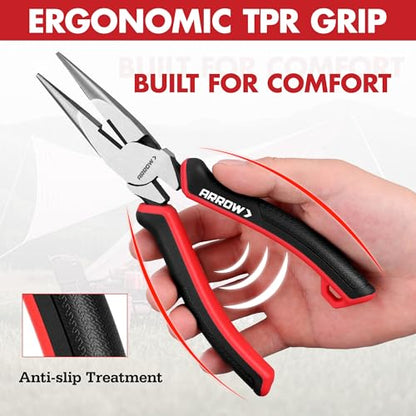 ARROW Needle Nose Pliers, 8-inch Long Nose Cutting Pliers with Wire Cutter, Comfortable TPR Handle, High Carbon Steel, High Leverage Diagonal Design - size: 8 Inch