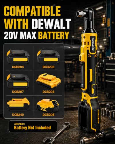 3/8" Cordless Ratchet Wrench Compatible with Dewalt 20V Battery, 74ft-lbs | 1250 RPM Brushless, LED Light, Compact Low Profile Electric Ratchet with 8 Sockets Set, 3 Inch Extension Bar - size: 3/8"
