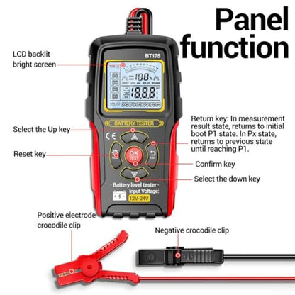 Car Battery Tester, BT175 Digital Automotive Battery Tester for Cars, Motorcycles — 8V–36V Range, Auto-Identification, CCA, Voltage, Internal Resistance (mΩ), SOC, Health Status