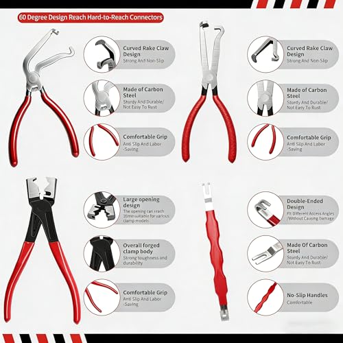 5-Pcs Kit Electrical Disconnect Pliers Set with Gloves - Auto Connector Tool for Fuel Line, Wiring, Sensors & Coils | Quick-Release Car Truck Repair (Red)