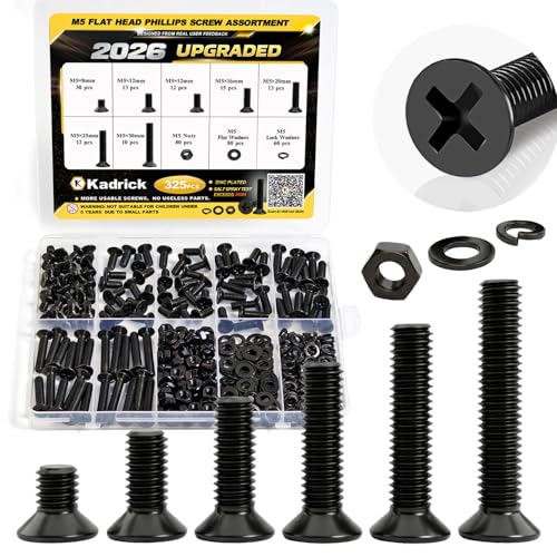 KADRICK 325Pcs M5 Countersunk Screws,M5 Flat Head Screws,Phillips Bolts Nuts Washers Assortment Kit,Zinc Plated,Lenth of 8MM-30MM - size: M5 325Pcs 8-30mm