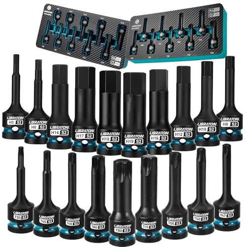LIBRATON Impact HEX & TORX Bit Socket Set, 1/2" Dr, S2 Steel, 19PCS High Torque Sockets (H5-H19 + T30-T80) for Professional Mechanics & Automotive Repair (XPE Storage Cases) - style: 19PCS Torx+Hex