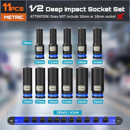 SEESII 1/2" Impact Socket Set Deep with Magnetic Rail, 11pc Metric 10-24mm, 6-Point, Lug Nut Removal, Heavy Duty Automotive Set for Trucks SUVs Import Vehicles