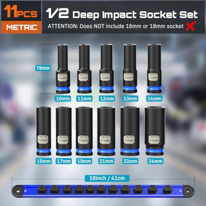 SEESII 1/2" Impact Socket Set Deep with Magnetic Rail, 11pc Metric 10-24mm, 6-Point, Lug Nut Removal, Heavy Duty Automotive Set for Trucks SUVs Import Vehicles