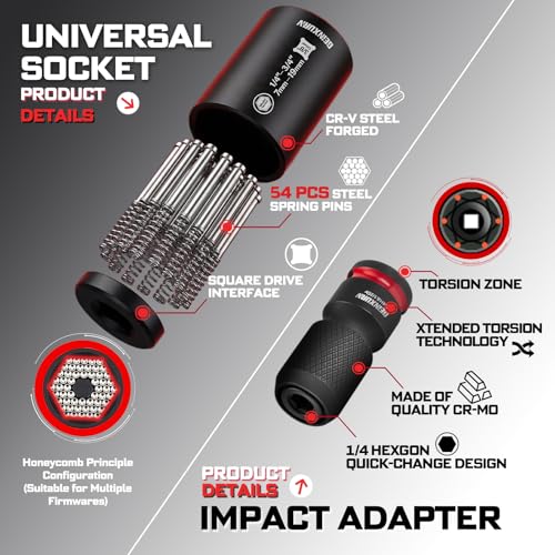 Geinxurn 5Pcs Socket Holder Keychain, 3/8" Drive Quick Release & Quick Change Socket Set Organizer with Square Drive Socket and Universal Socket for Lineman, Electricians, Construction Crews - style: B01K005-0308