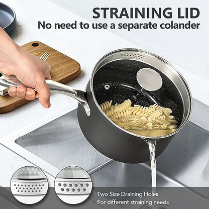 MICHELANGELO Hard Anodized Saucepan Set with Lids, Nonstick Saucepan with Pour Spouts & Strainer Lid for Easy Pour, Granite Derived Coating Sauce Pot Set - 1.5QT & 3QT Induction Sauce Pans - size: 1.5+3 Quarts