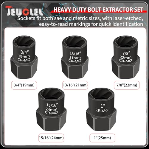 5PCS Heavy Duty Bolt Extractor Set, 1/2" Drive Easy Out Bolt Extractor Set, Nut Extractor Set Broken Bolt Extractor Kit for Removing Stripped Lug Nuts, Rounded off Nuts, Bolts, Studs