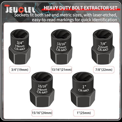 5PCS Heavy Duty Bolt Extractor Set, 1/2" Drive Easy Out Bolt Extractor Set, Nut Extractor Set Broken Bolt Extractor Kit for Removing Stripped Lug Nuts, Rounded off Nuts, Bolts, Studs
