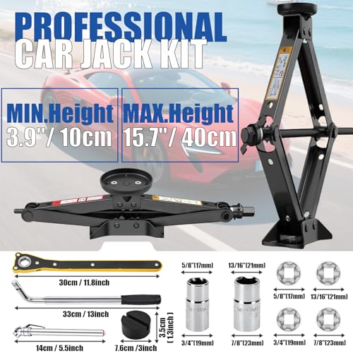 Scissor Car Jack Kit 2.5 Ton (5512 lbs) Portable Tire Changing Kit | Universal Heavy Duty Car Lift with Lug Wrench, Rubber Jack Pad, Emergency Spare Tire Repair Jack Tool for Tesla Sedan SUV MPV