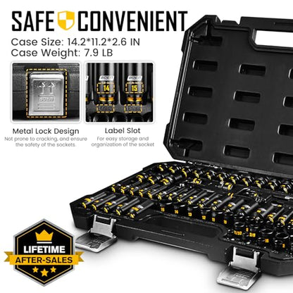 BOEN Pro 1/4" Drive Impact Socket Set, 74-Piece SAE (3/16"-9/16") and Metric (4-15mm), 6-Point Deep & Shallow Kit with Deep Painted Marking, Cr-Mo, Includes Ratchet Handle,Universal Socket for DIYers