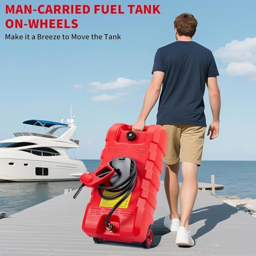 15 Gallon Gas Can, Fuel Tank Container with Fluid Transfer Manual Siphon Pump & 10FT Hose, Portable Diesel Gas Storage Caddy with Wheels for Car, ATV, Weeder, Boat - color: Red