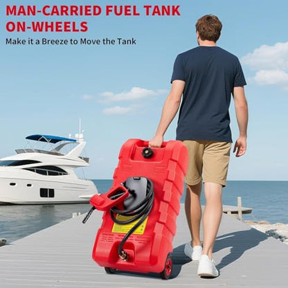 15 Gallon Gas Can, Fuel Tank Container with Fluid Transfer Manual Siphon Pump & 10FT Hose, Portable Diesel Gas Storage Caddy with Wheels for Car, ATV, Weeder, Boat - color: Red
