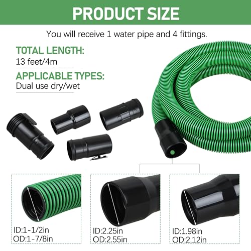 Upgraded 13ft 1-7/8-inch Wet/Dry Shop Vacuum Hose hose with 2-1/2" adapters om each end & 6 Replace Accessories - Green (WS25021A), For Most WORKSHOP Vacs