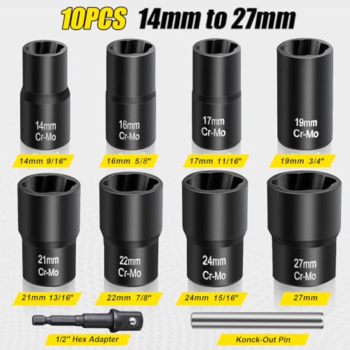 Topec Bolt Extractor Set, 10 Piece Lug Nut Remover Socket Tool, 1/2" Drive Impact Wheel Lock Removal Kit for Removing Damaged, Dead, Rusted, Rounded-Off Bolts, Lug Nuts & Screws - size: 10 PCS