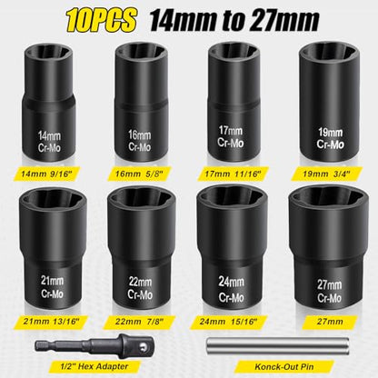Topec Bolt Extractor Set, 10 Piece Lug Nut Remover Socket Tool, 1/2" Drive Impact Wheel Lock Removal Kit for Removing Damaged, Dead, Rusted, Rounded-Off Bolts, Lug Nuts & Screws - size: 10 PCS