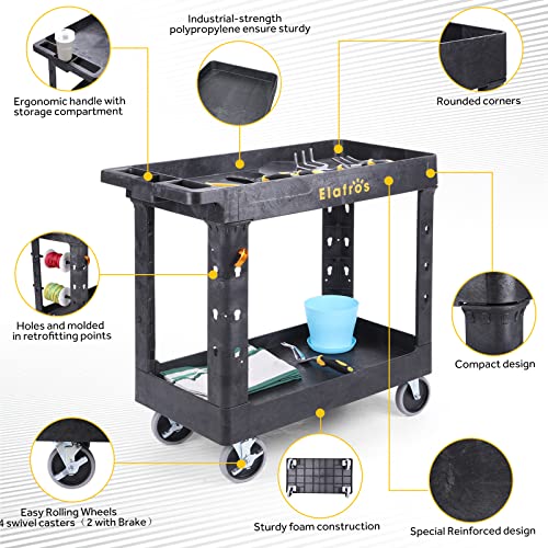 ELAFROS 2-Tier Utility Rolling Cart, 34 x 17 in, 5" Swivel Wheels, 550lb | Deep Tub Shelves, Plastic Service Cart, Work Cart, Tool Cart, Tub Storage Organizer, Warehouse Garage Cleaning Supplies