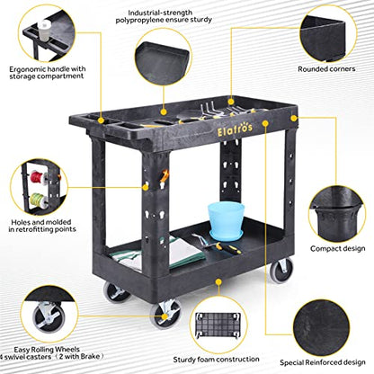 ELAFROS 2-Tier Utility Rolling Cart, 34 x 17 in, 5" Swivel Wheels, 550lb | Deep Tub Shelves, Plastic Service Cart, Work Cart, Tool Cart, Tub Storage Organizer, Warehouse Garage Cleaning Supplies