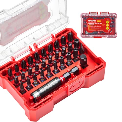 Geinxurn 32Pieces Impact Screwdriver Bits Set, S2 Steel Magnetic Phillips/Slotted/Square/Security Torx Muliti Insert Bits Tips Set with Impact Bit Holder and 1/4”Socket Adapter(Red Storage Box Case) - style: FQ032025-ARD