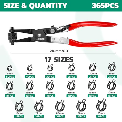OURU Spring Band Hose Clamps Assortment Kit with Pliers, 365Pcs, 6-25mm | Constant Tension Hose Clamps, For Fuel Lines, Silicone, Vacuum Hoses, Low-Pressure Air Clips - size: 365PCS (6-25mm)+ Plier