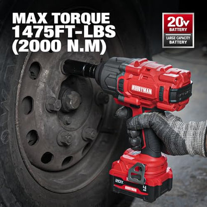 Alloyman Cordless Impact Wrench, 1475Ft-lbs (2000N.m) 1/2 High Torque Brushless Impact Gun, 20V Power Impact Driver, 4000mAh Battery,3 Sockets, Brushless Motor Variable Speeds for Car/Truck RV/Mower - style: 1475Ft-lbs /1x Battery