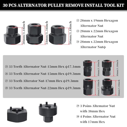 30PCS Alternator Pulley Remove Install & Alternator Decoupler Pulley Tool | Compatible with VW Audi Ford BMW Benz Volvo GM Toyota Buick Chevrolet, Clutch Freewheel Removal Socket Bit Set