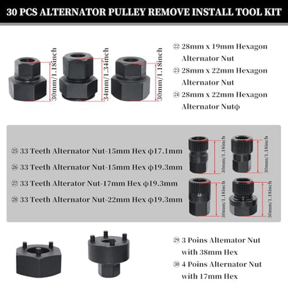 30PCS Alternator Pulley Remove Install & Alternator Decoupler Pulley Tool | Compatible with VW Audi Ford BMW Benz Volvo GM Toyota Buick Chevrolet, Clutch Freewheel Removal Socket Bit Set