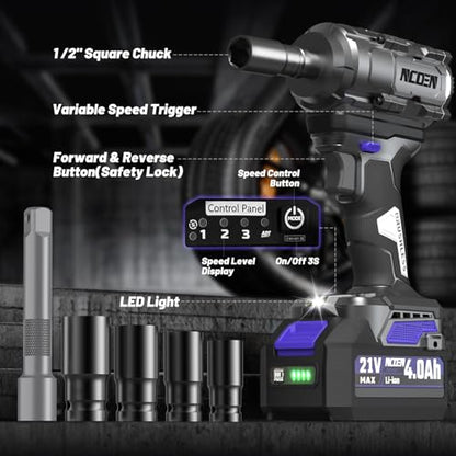 850Nm Cordless Impact Wrench 1/2 Inch Compatible with Makita 18V Battery, High Torque 628Ft/lbs, Variable Speed with 2x4.0 Ah Lithium Battery, Charger and Socket Set for Car Home Repair