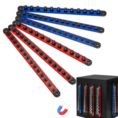 6PC Magnetic Socket Organizer Set, 1/2" 3/8" 1/4" Drive | Aluminum Alloy Socket Holder with Removable Socket Clips for Quick Customization, Socket Rail for Tool Box Drawer