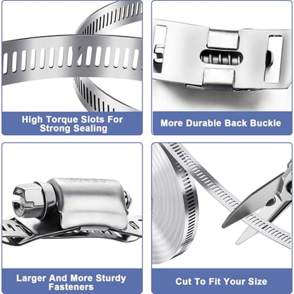 Hose Clamps- Stainless Steel Hose Clamp DIY 50FT Metal Strap + 24 Stronger Fasteners Large Adjustable Worm Gear Clamps for Fuel Line, Plumbing, Automotive, Mechanical, Pipe, Tube,Garden,Duct - size: 50FT Metal Strapping+24 Fasteners