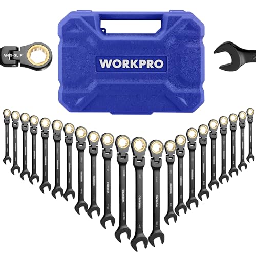 WORKPRO 22-piece Ratcheting Wrench Set with 180° Flex Head, Anti-Slip Tooth, Combination Wrench Sets with Organizer Box, Metric 6-18mm & SAE 1/4-3/4", Black Electrophoretic Coating - style: Flex-head