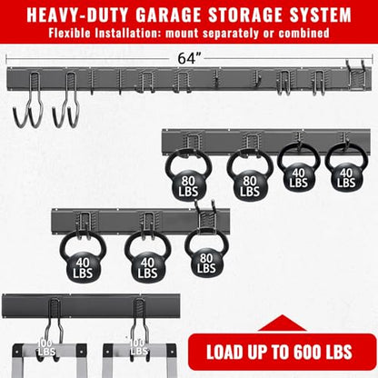 Garage Tool Organizer Wall Mount, Easy to 64inch Install Heavy-Duty Garage Storage System with 11 Adjustable Hooks, Garden Tool Rack for Shovels, Rakes, Yard Tools - size: 64" System - 11 Piece Set
